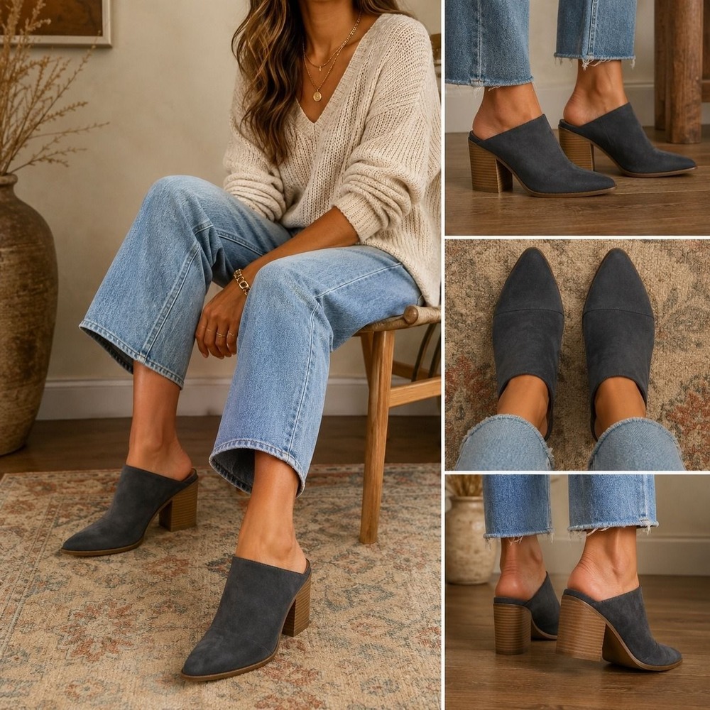American Eagle Gray Blue Faux Suede Pointed Toe Mule Block Heels New No Box